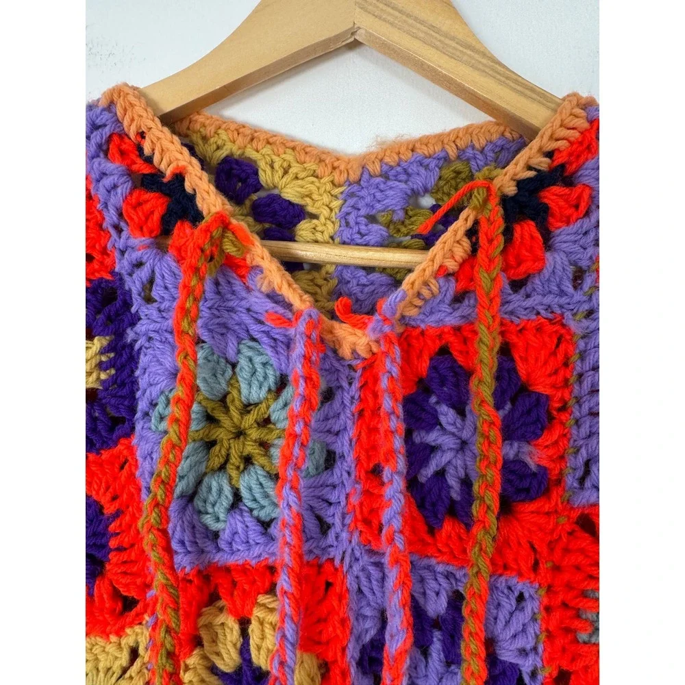 Boho Handmade Women XS/S Granny Square‎ Crochet Dress Multicolor Patchwork Retro